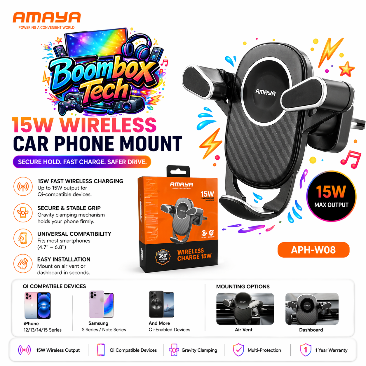 Amaya 15W Wireless Car Phone Mount Charger APH-W08 – Fast Qi Charging, Auto Gravity Clamp, Air Vent/Dashboard Holder for iPhone & Android (1 Year Warranty )