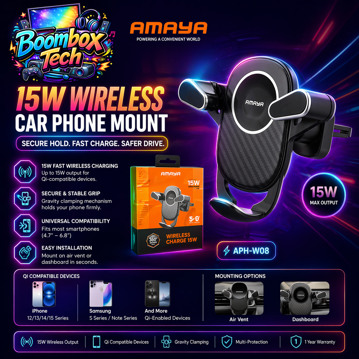 Amaya 15W Wireless Car Phone Mount Charger APH-W08 – Fast Qi Charging, Auto Gravity Clamp, Air Vent/Dashboard Holder for iPhone & Android (1 Year Warranty )