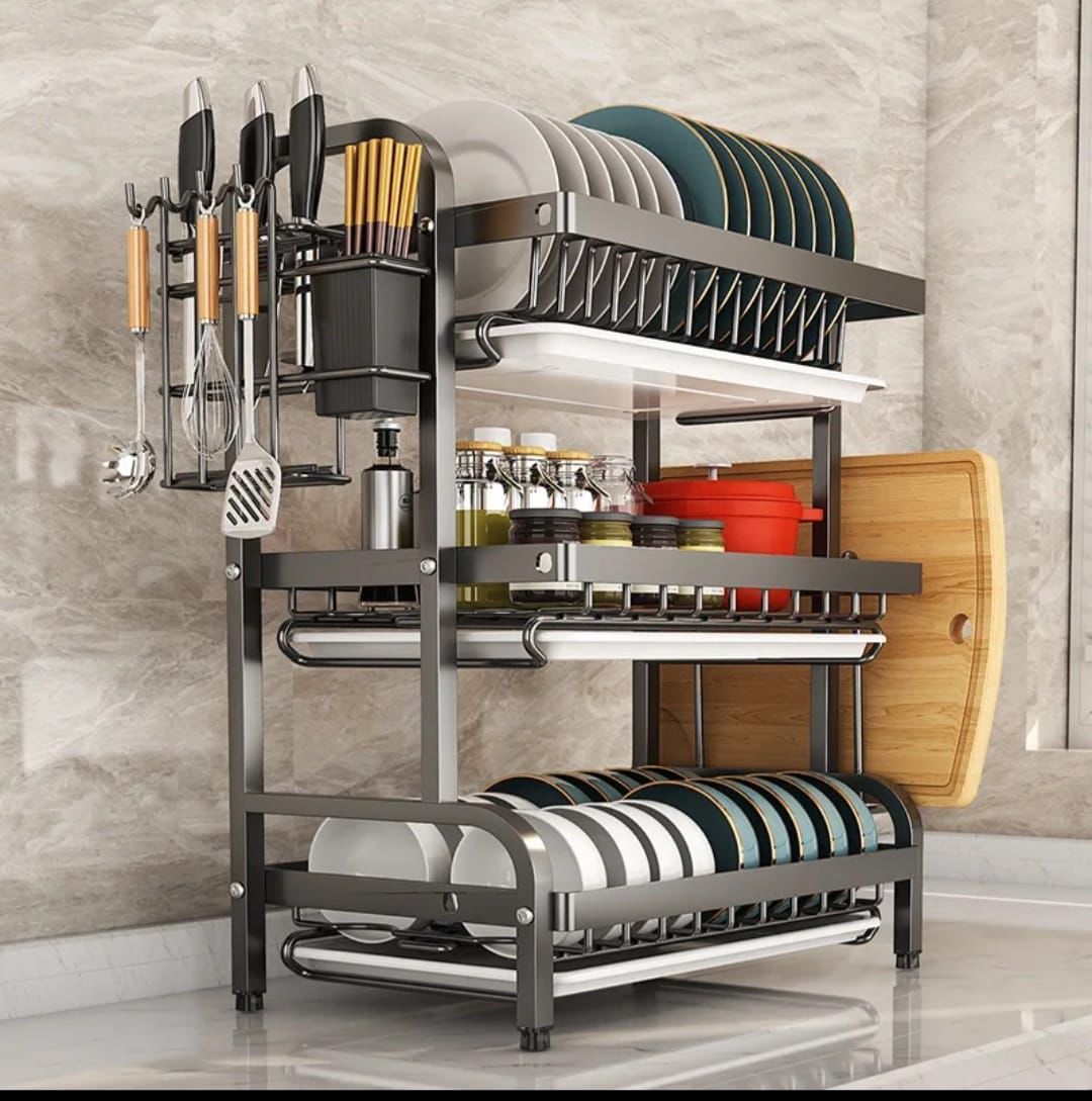 🏆 Top Offer 🏆1Pc 3 Tier Carbon Steel Dish Rack Kitchen Drainer Shelf with Knife Holder Modern Rust Resistant Organizer Stand