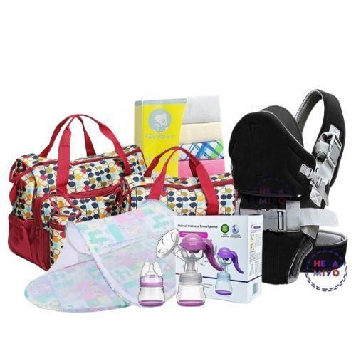 CLEARANCE OFFER Baby Gift Pack - 5-Piece Diaper Bag, Manual Breast Pump, Mosquito Net, Washcloths, Baby Carrier