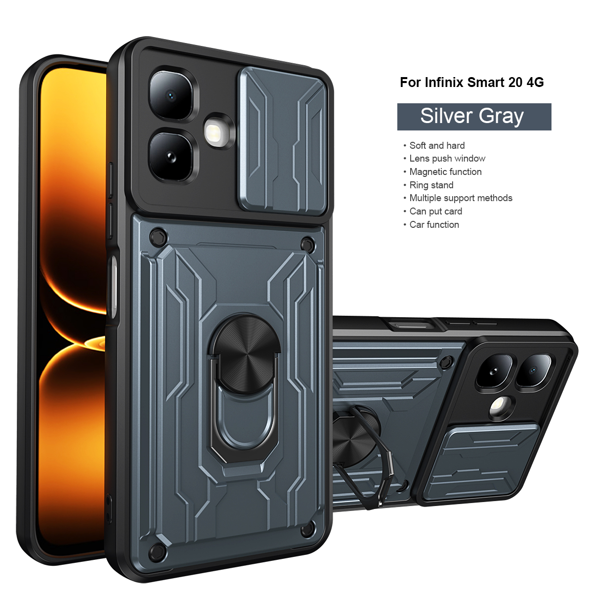 Ring Holder Kickstand Cover for Infinix Smart 20 Magnetic Camera Protective Detachable Card Slot Holder Bag Armor Phone Case