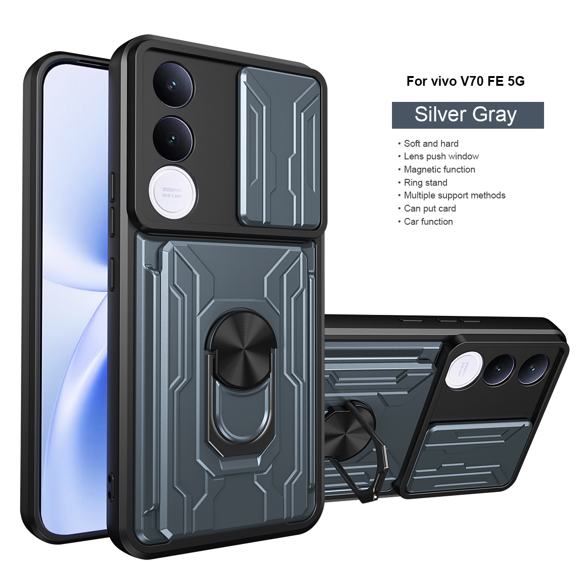 Ring Holder Kickstand Cover for Vivo V70 FE 5G Magnetic Camera Protective Detachable Card Slot Holder Bag Armor Phone Case