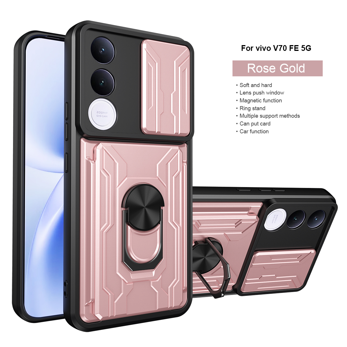 Ring Holder Kickstand Cover for Vivo V70 FE 5G Magnetic Camera Protective Detachable Card Slot Holder Bag Armor Phone Case