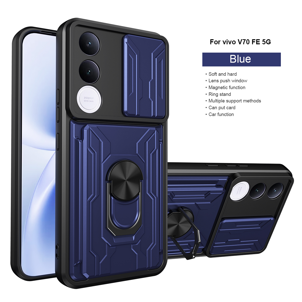 Ring Holder Kickstand Cover for Vivo V70 FE 5G Magnetic Camera Protective Detachable Card Slot Holder Bag Armor Phone Case