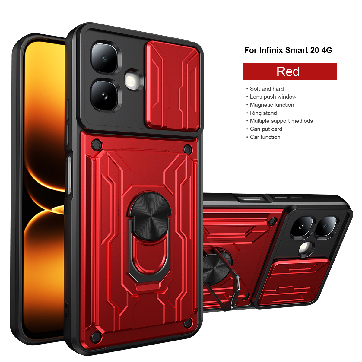 Ring Holder Kickstand Cover for Infinix Smart 20 Magnetic Camera Protective Detachable Card Slot Holder Bag Armor Phone Case