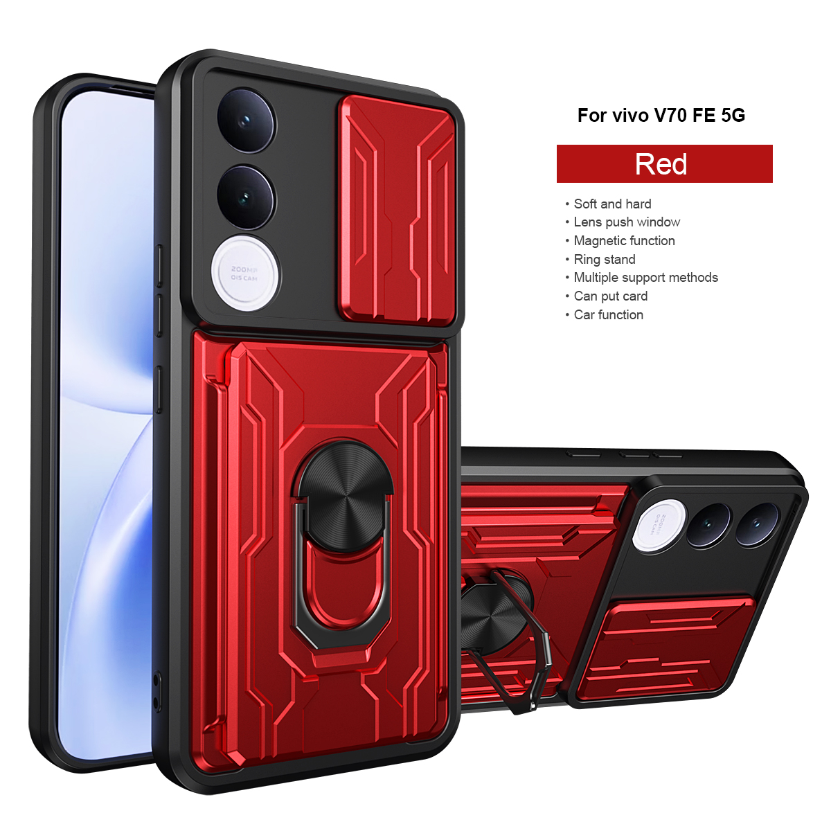 Ring Holder Kickstand Cover for Vivo V70 FE 5G Magnetic Camera Protective Detachable Card Slot Holder Bag Armor Phone Case