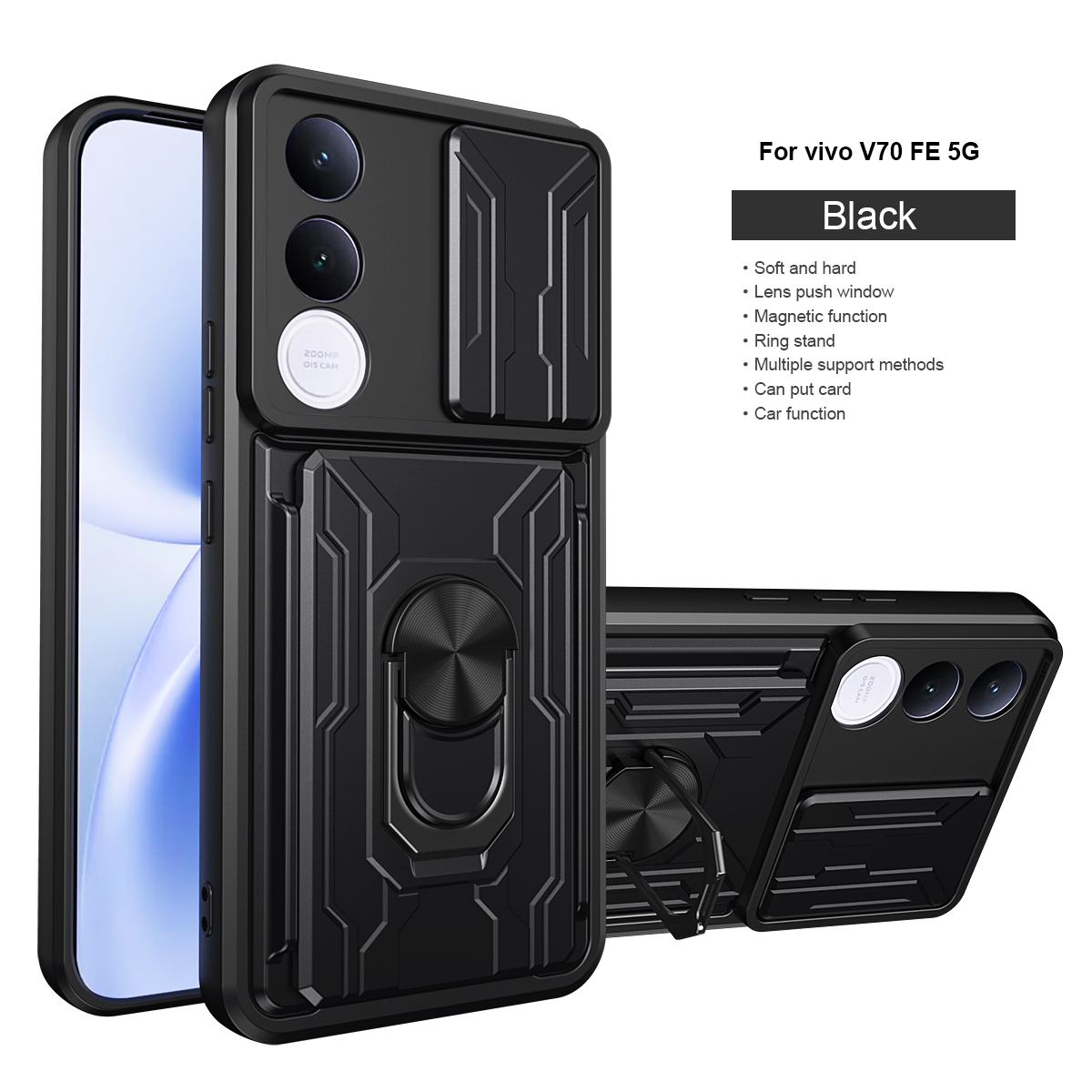 Ring Holder Kickstand Cover for Vivo V70 FE 5G Magnetic Camera Protective Detachable Card Slot Holder Bag Armor Phone Case