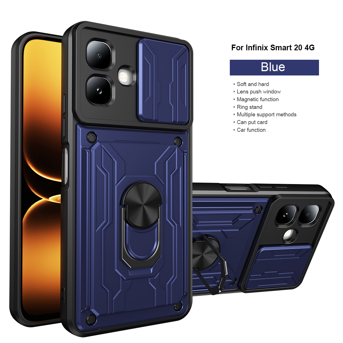 Ring Holder Kickstand Cover for Infinix Smart 20 Magnetic Camera Protective Detachable Card Slot Holder Bag Armor Phone Case