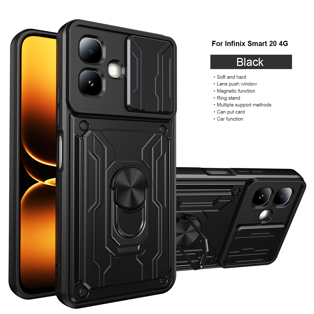 Ring Holder Kickstand Cover for Infinix Smart 20 Magnetic Camera Protective Detachable Card Slot Holder Bag Armor Phone Case