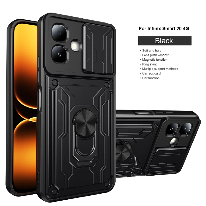 Ring Holder Kickstand Cover for Infinix Smart 20 Magnetic Camera Protective Detachable Card Slot Holder Bag Armor Phone Case