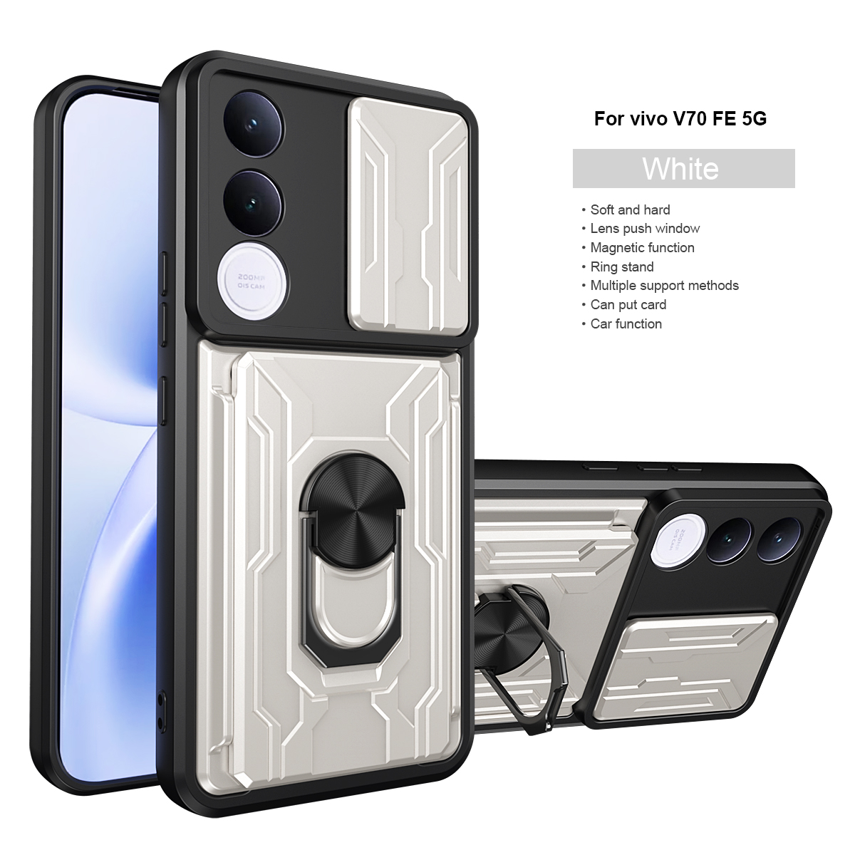 Ring Holder Kickstand Cover for Vivo V70 FE 5G Magnetic Camera Protective Detachable Card Slot Holder Bag Armor Phone Case