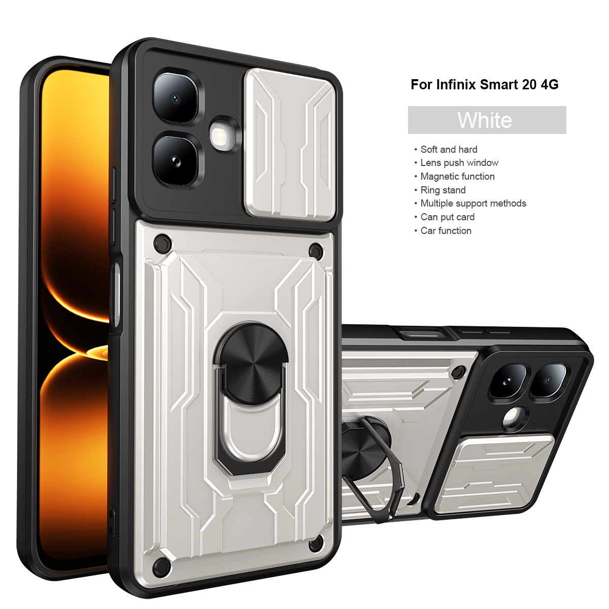 Ring Holder Kickstand Cover for Infinix Smart 20 Magnetic Camera Protective Detachable Card Slot Holder Bag Armor Phone Case