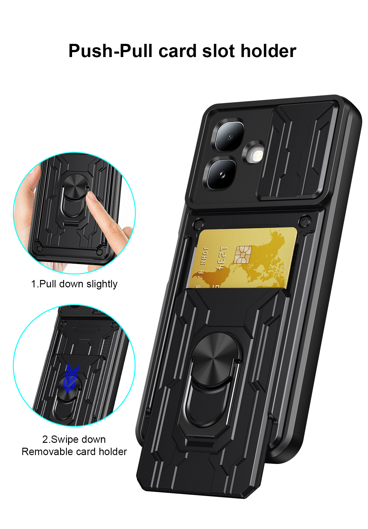 Ring Holder Kickstand Cover for Infinix Smart 20 Magnetic Camera Protective Detachable Card Slot Holder Bag Armor Phone Case