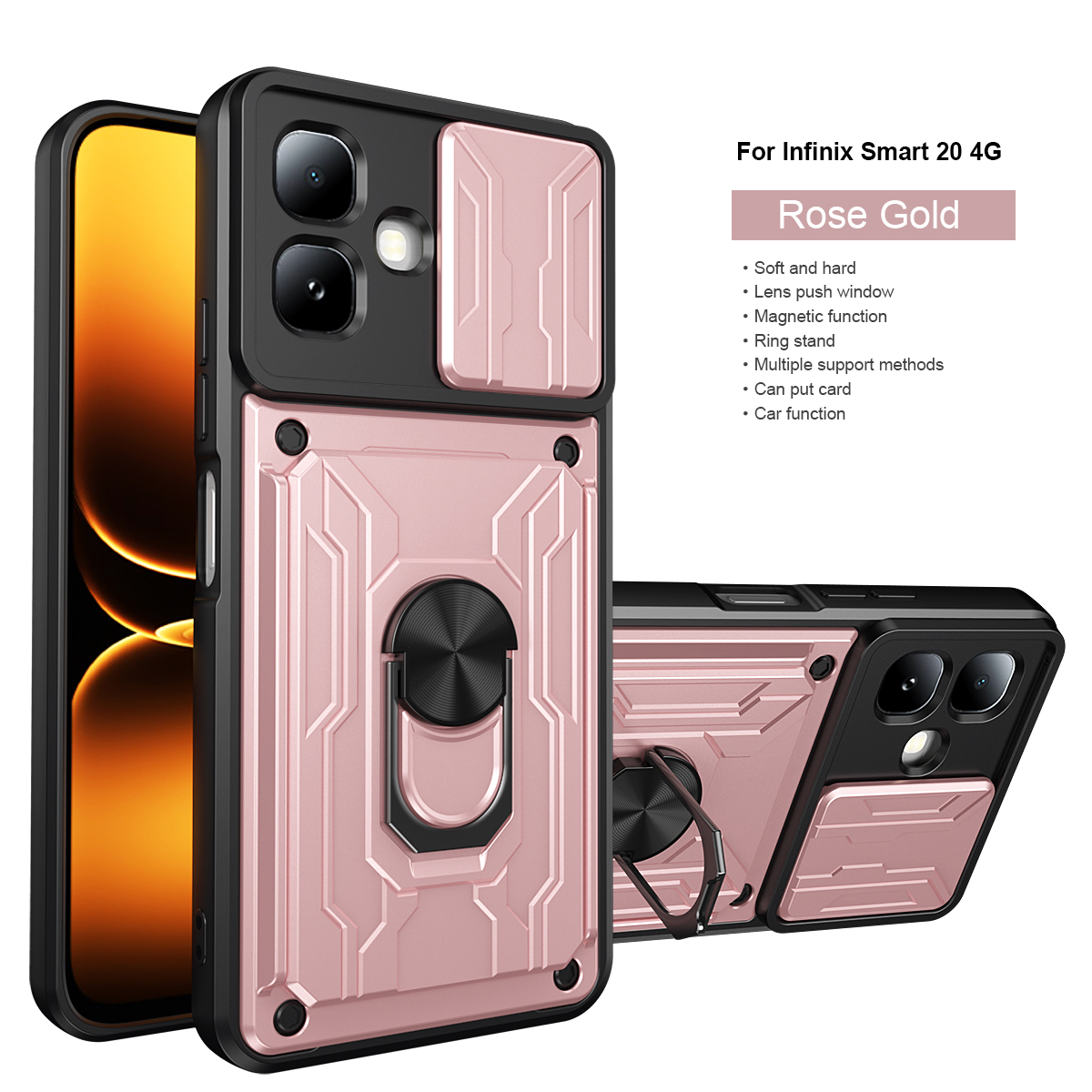 Ring Holder Kickstand Cover for Infinix Smart 20 Magnetic Camera Protective Detachable Card Slot Holder Bag Armor Phone Case