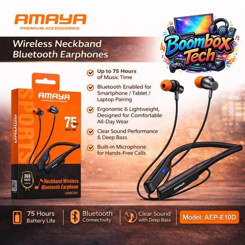 DISCOUNT DEALS!! Amaya EAB-E200D WIRELESS NECKBAND:| Immersive Sound | Noise Cancellation | 60-Hr Playtime | Built-In TF/MicroSD Card | Magnetic Earbuds | Water Resistant | Wireless Earphones