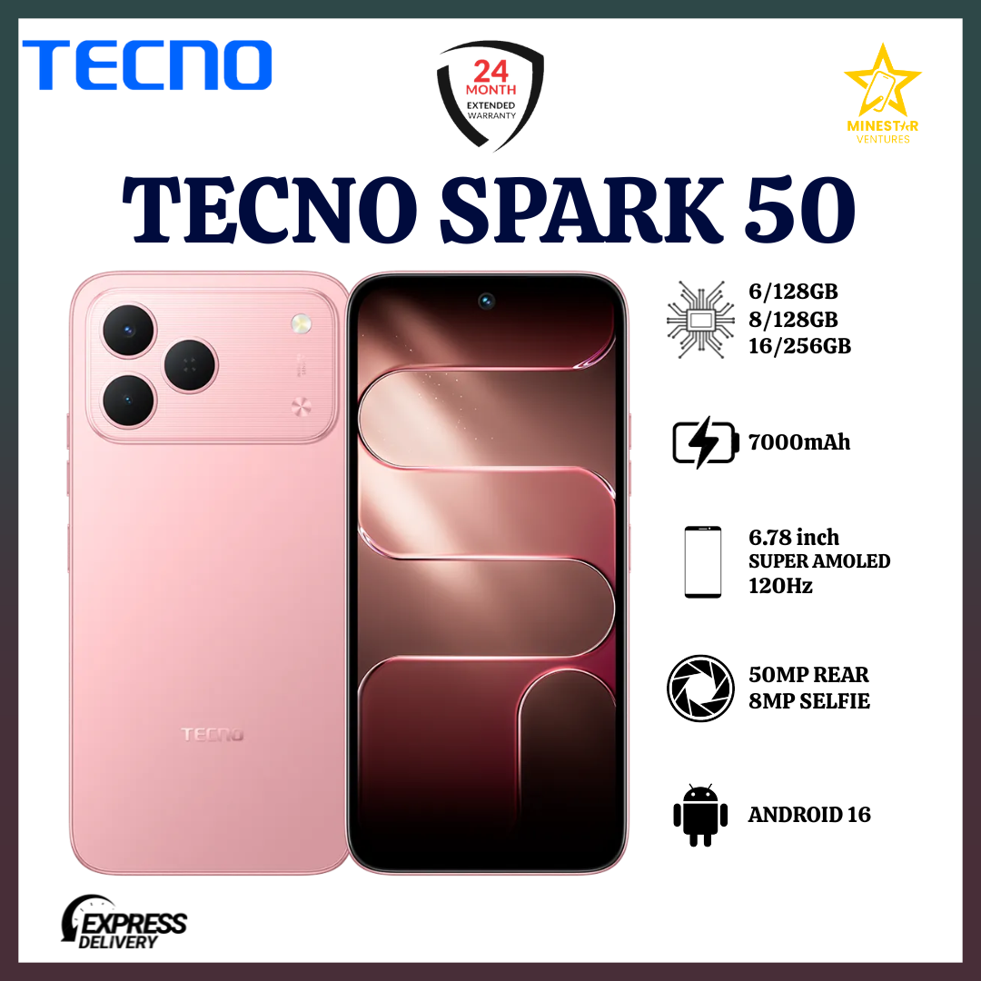 NEW ARRIVALS!! TECNO SPARK 50 4G:| 6.78″ IPS LCD Display | 4GB RAM+128GB ROM | 7000mAh Battery | Dual SIM | 50MP Rear & 8MP Selfie Camera | Android 16 | 18W Fast Charging | Smartphones