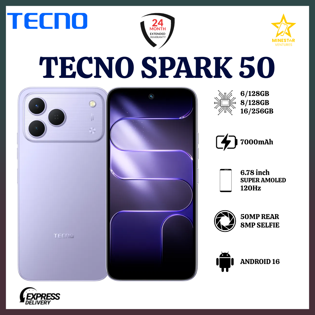 NEW ARRIVALS!! TECNO SPARK 50 4G:| 6.78″ IPS LCD Display | 4GB RAM+128GB ROM | 7000mAh Battery | Dual SIM | 50MP Rear & 8MP Selfie Camera | Android 16 | 18W Fast Charging | Smartphones