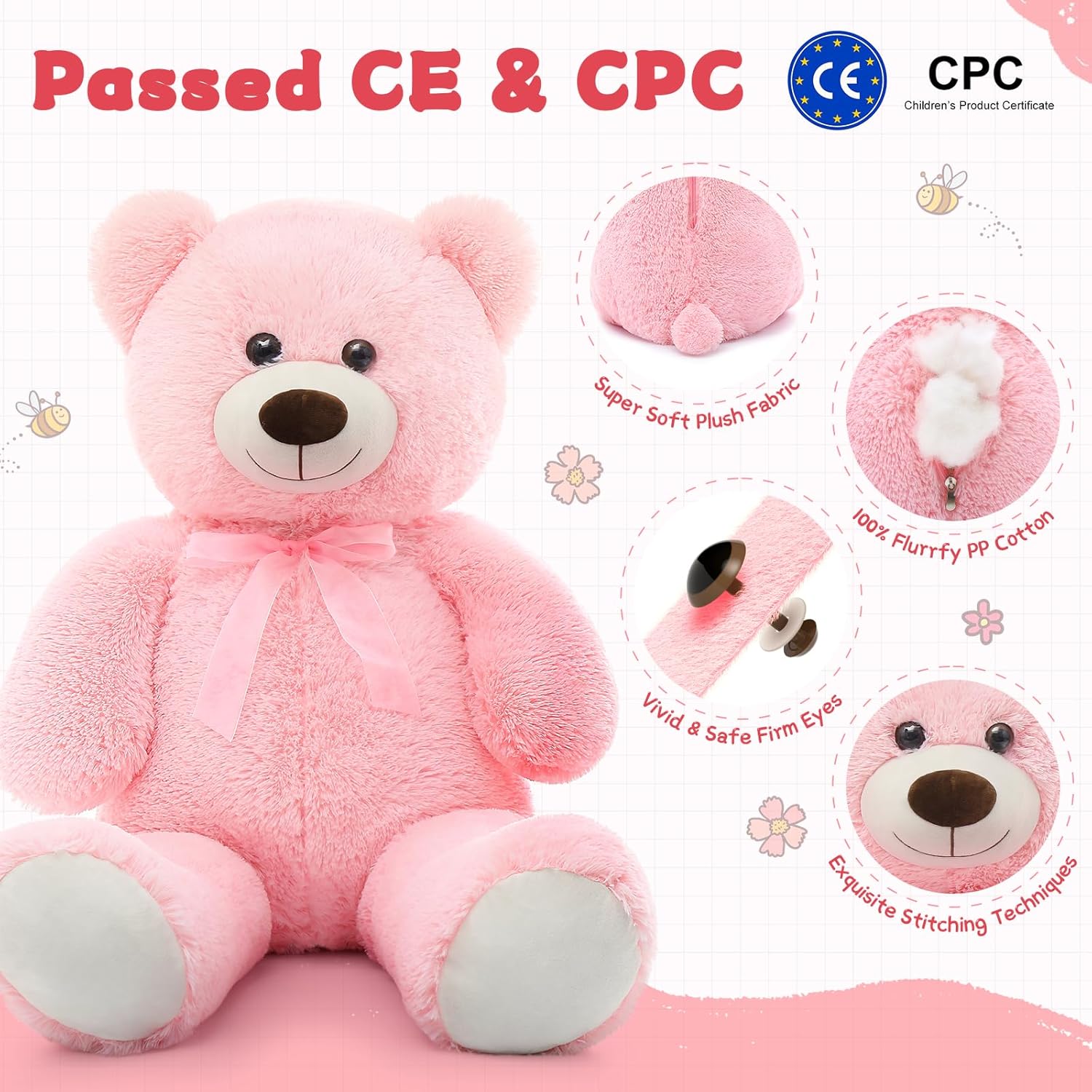 Giant Pink Teddy Bear Plush Toy Soft Cuddly Stuffed Animal Large Size Hugging Gift for Kids Girls Birthday Valentine Gift Home Decor