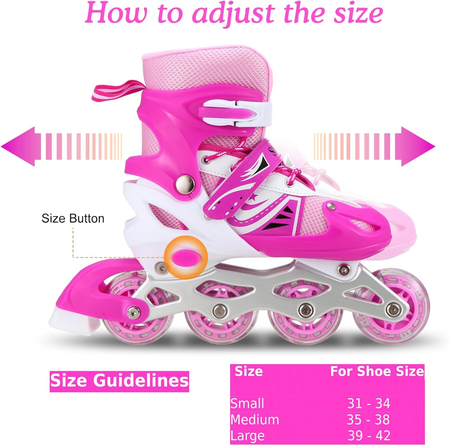 Adjustable Inline Skates for Kids Pink – Roller Skating Shoes with Size Adjustment Durable Wheels Beginner Outdoor Skating