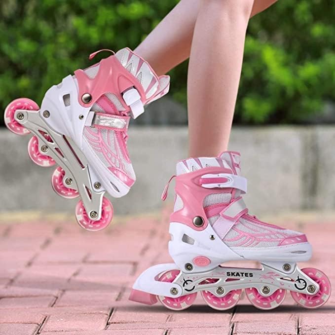 Adjustable Inline Skates for Kids Pink – Roller Skating Shoes with Size Adjustment Durable Wheels Beginner Outdoor Skating
