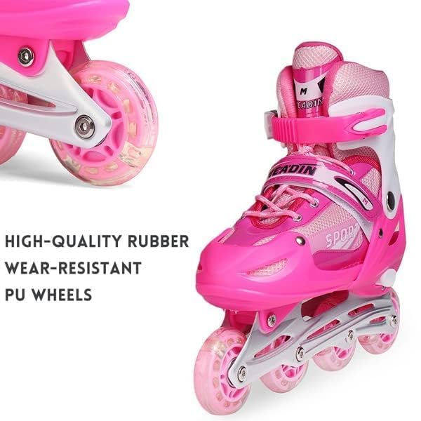 Adjustable Inline Skates for Kids Pink – Roller Skating Shoes with Size Adjustment Durable Wheels Beginner Outdoor Skating