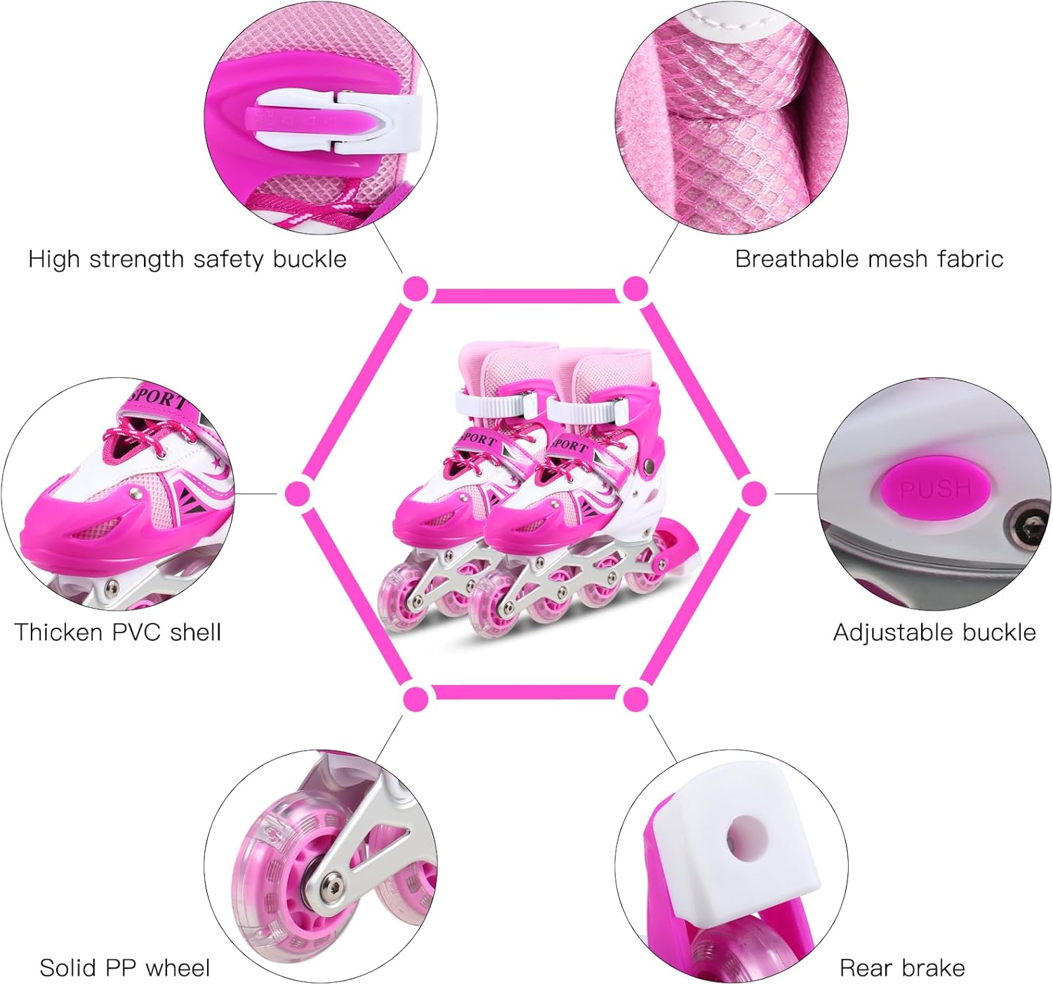 Adjustable Inline Skates for Kids Pink – Roller Skating Shoes with Size Adjustment Durable Wheels Beginner Outdoor Skating