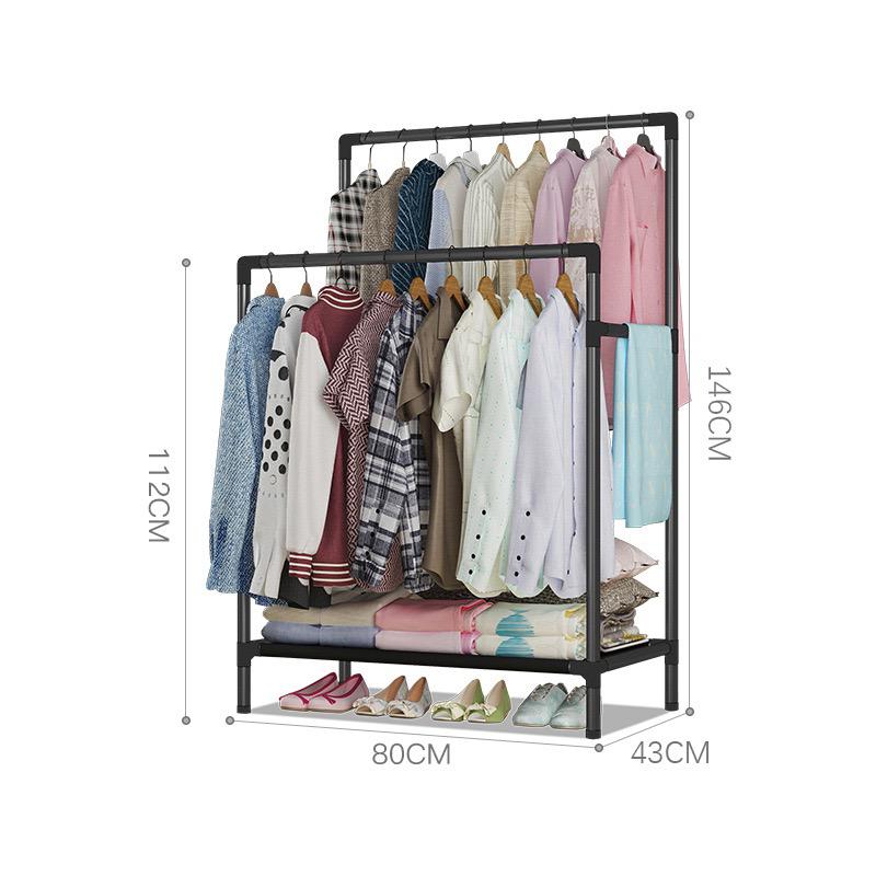 Double Pole Clothing Rack With Lower Storage Shelf for Boxes /Shoes, The rack is sturdy and steady for hang your clothes and storage shoes and so on.There are extra brackets on both sides of the pole,