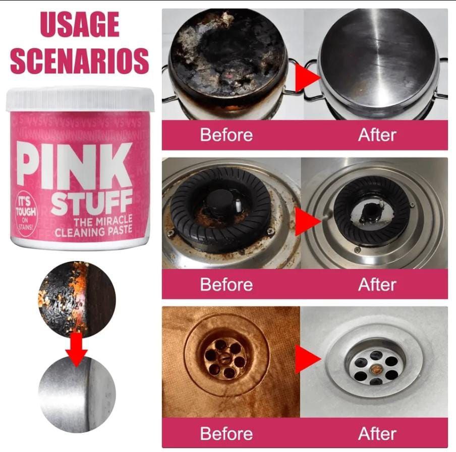 PINK STUFFThe Star Drops Pin. 500g pink stuff, Effective for cleaning sufurias, tiles, sinks, ovens, and more. Tough on stains but gentle on a variety of surfaces. Safe for everyday use around the hom