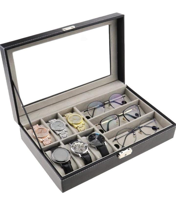 PORTABLE WATCH + GLASSES ORGANIZER KEEPS GLASSES + WATCHES DUST FREE IT HOLDS 6 WATCHES + 3 GLASSES WATCH AND EYEGLASSES &SUNGLASSES BOX WITH JEWELLERY DISPLAY CASE ORGANIZER, MEN WOMEN STORAGE HOL