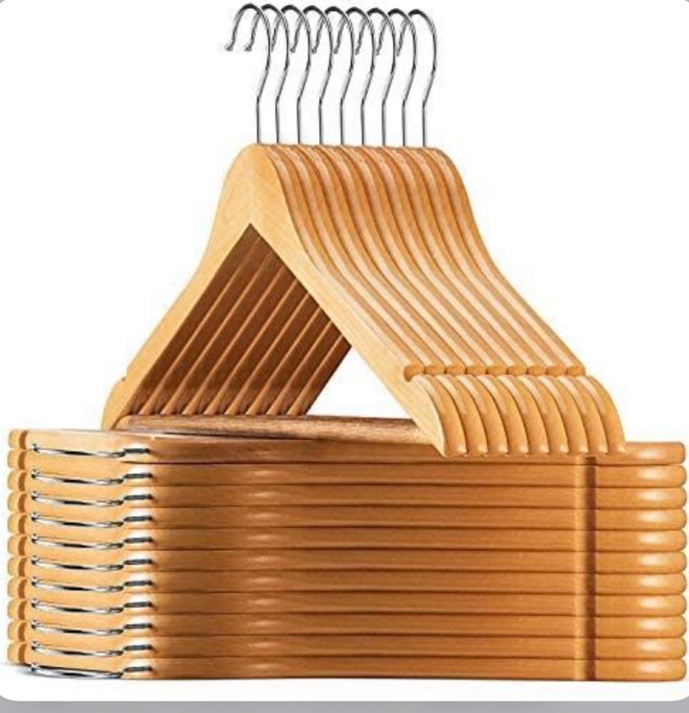 High quality 10pcs Wooden Clothes Hangers wooden coat hangers, natural wood suit hangers with non slip pant bar, clothes hangers for Shirts, Jackets, Dress, Pant .