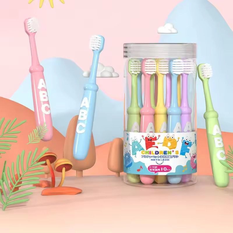 10Pcs Cute Children Small Head Soft Bristle Toothbrush, nicely packed in a container Ages 3-12yrs High Density Brush Wire Does gum health kids brushing ,baby friendly