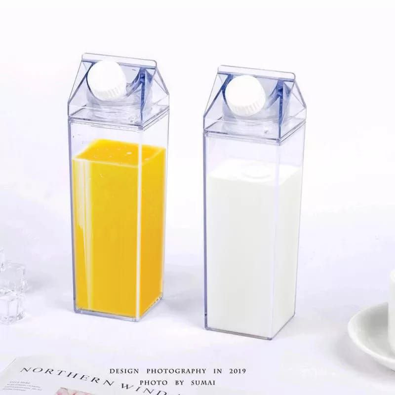 Milk Carton Water Bottle, 1 Litre Transparent Square Plastic Milk Box Brush, Etränk Iced Tea Bottle, Fridge Bottle, Milk Bottles, Drinks Juice for Outdoor Sports, Travel, Camping