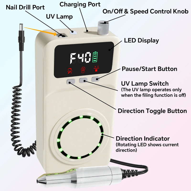 Professional Electric Nail Drill Machine 40000RPM, with UV Nail Lamp and Display, Portable Efile for Acrylic Gel Nails Polishing ,  with Bits Kit  Removing,Rechargeable Electric Nail File Machine