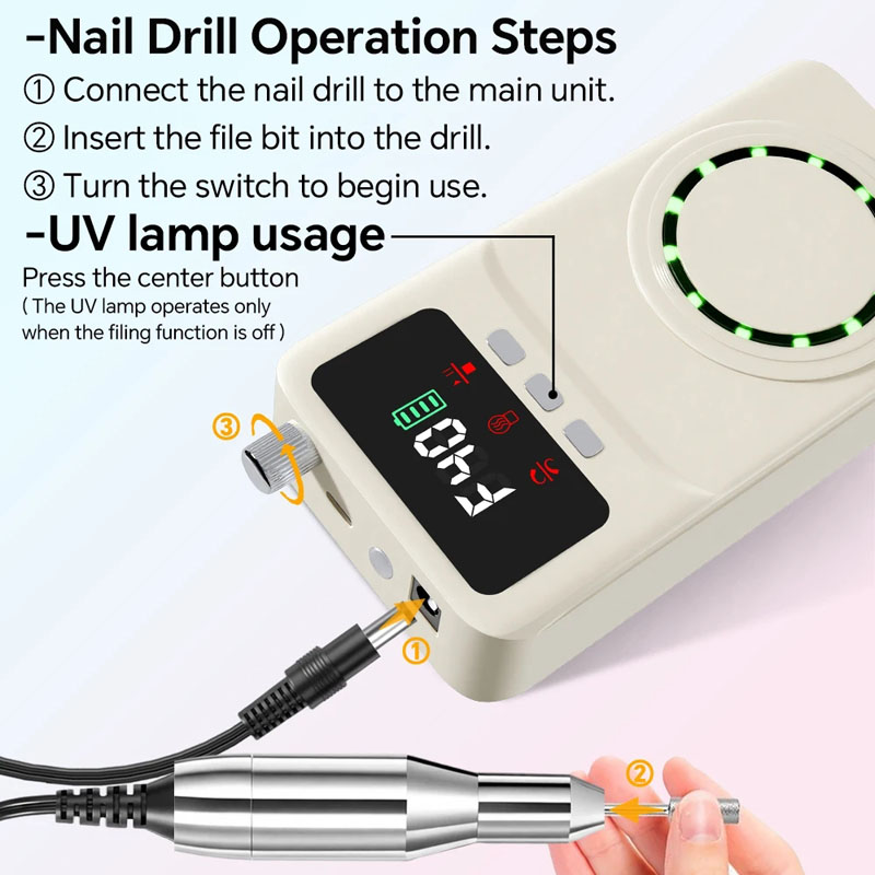 Professional Electric Nail Drill Machine 40000RPM, with UV Nail Lamp and Display, Portable Efile for Acrylic Gel Nails Polishing ,  with Bits Kit  Removing,Rechargeable Electric Nail File Machine