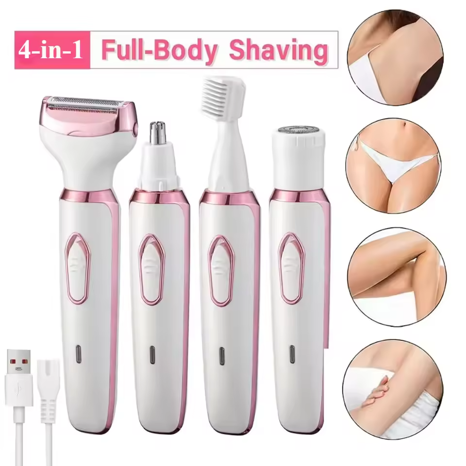 4-in-1 Women Electric Shaver Epilator, USB Rechargeable Painless Cordless Hair Remover, Electric Trimmer Razor for Face, Leg, Bikini, Armpit & Full Body Hair Removal