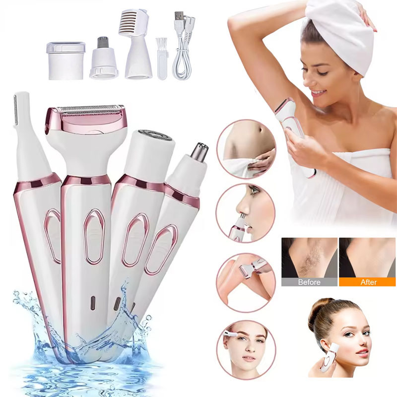 4-in-1 Women Electric Shaver Epilator, USB Rechargeable Painless Cordless Hair Remover, Electric Trimmer Razor for Face, Leg, Bikini, Armpit & Full Body Hair Removal