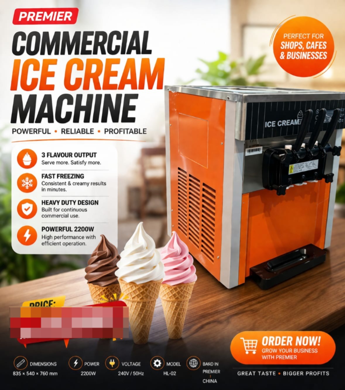 Premier 2200W Commercial Ice Cream Machine – 3 Flavour Soft Serve Maker (HL-02)