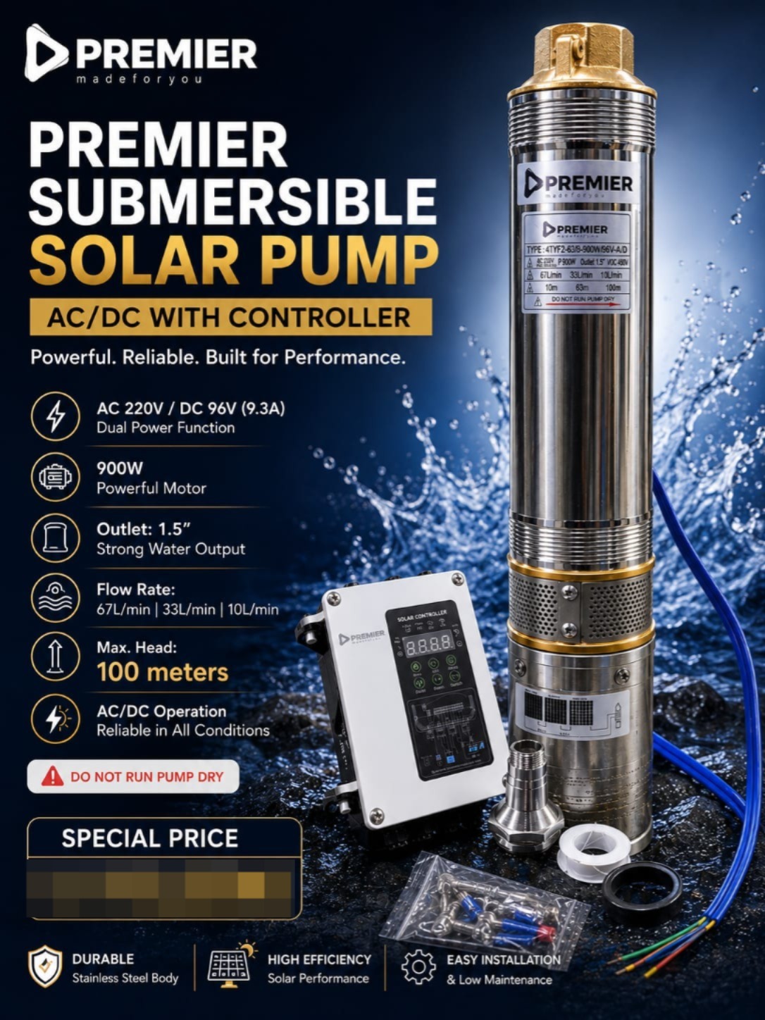 AC/DC Submersible Water Pump 900W – 220V / 96V Solar Compatible (Max Head 100m)