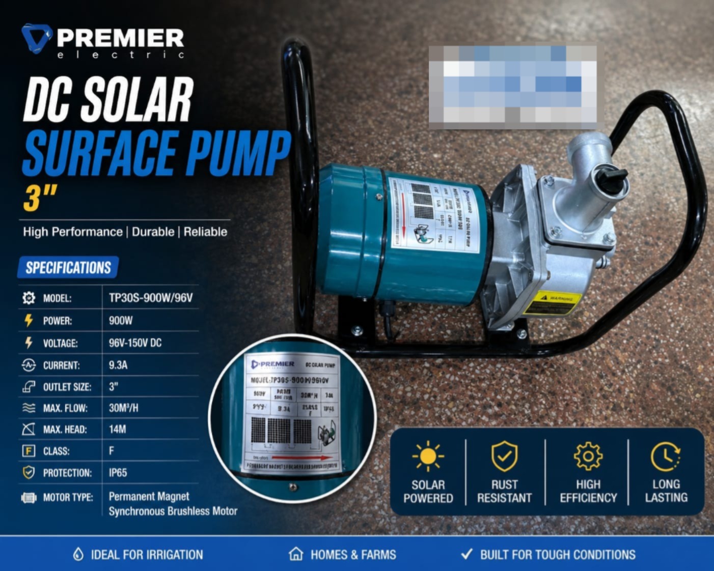 Brushless DC Solar Surface Pump 900W – 96V–150V (3” Outlet) High Flow Water Pump