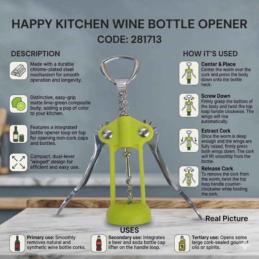 💎 Limited Deal 💎 Happy Kitchen Wine Bottle Opener – Multi-Function Corkscrew & Bottle Opener for Easy Wine Opening at Home, Parties & Restaurants