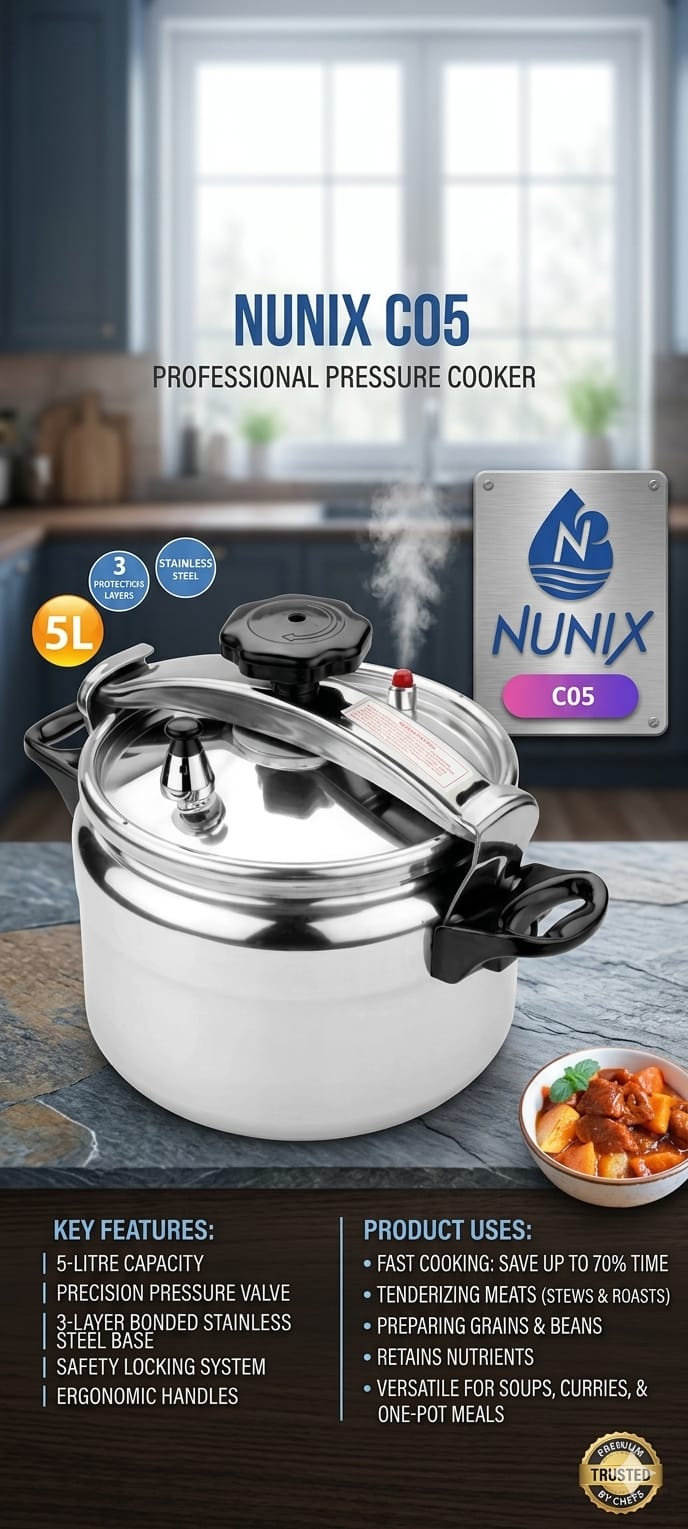 ⚡ Limited Stock ⚡ Nunix 5L Pressure Cooker – 2 Handle Durable Aluminum Cooker for Fast & Safe Cooking