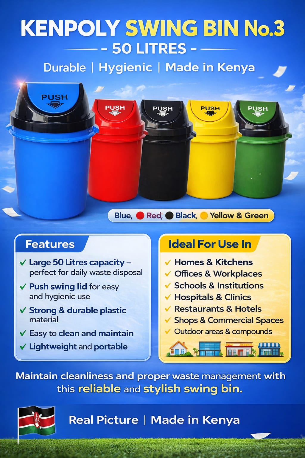 💥 Almost Gone 💥 Kenpoly Swing Lid Dustbin No.3 – 50L Large Capacity Waste Bin with Easy Push Swing Cover for Home & Office