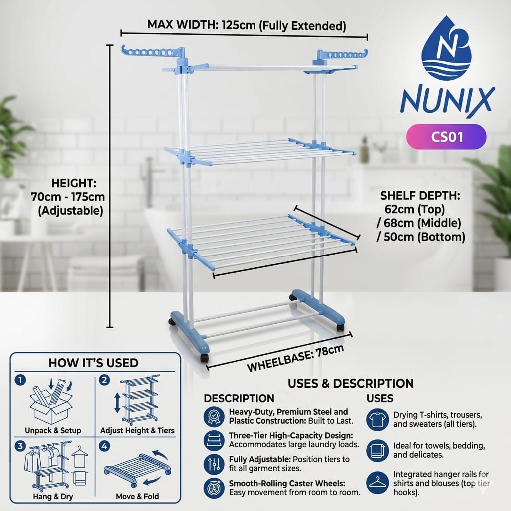 🎉 Act Fast 🎉 Nunix Foldable Cloth Rack – Heavy Duty Clothes Drying Stand with Multiple Rails for Indoor & Outdoor Use