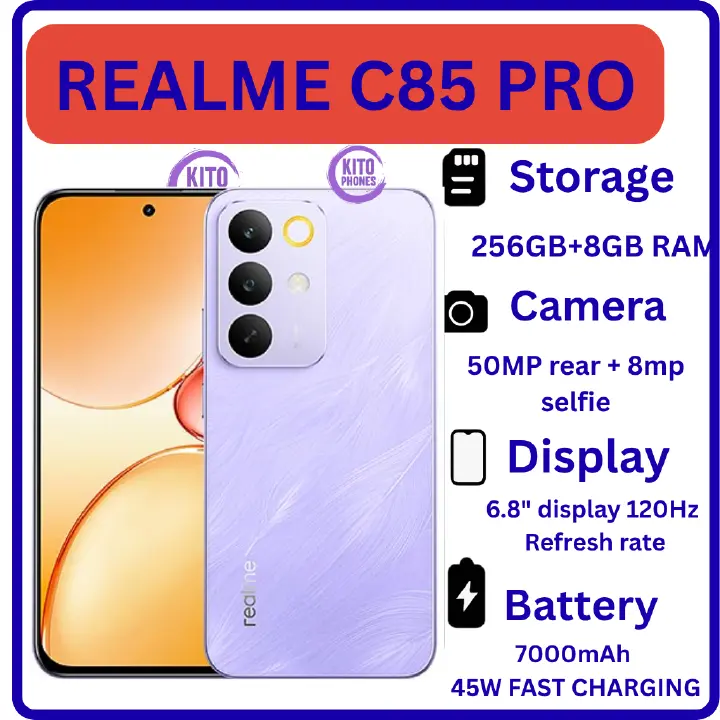 New Arrival Realme C85 Pro AI phone 256GB+8GB 6.8'' 120Hz AMOLED 7000mAh 45W Titan Battery IP69 PR0 Water Resistance 50MP Android 15 Type-C Dual Sim Smart Phones Fingerprint Unlock SMARTPHONES