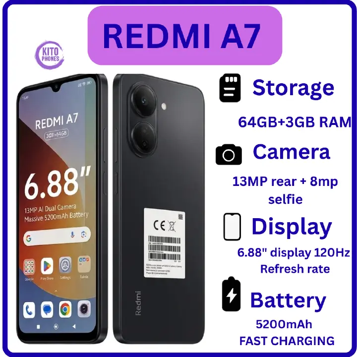 REDMI A7, 64GB ROM + 3GB RAM STORAGE, 6.88" SCREEN SIZE 13MP CAMERA +8MP SELFIE 5200mAh BATTERY 15W FAST CHARGING , ANDROID 15, IPS LCD, 120Hz, Unisoc T7250, SIDE MOUNTED FINGERPRINT SMARTPHONE