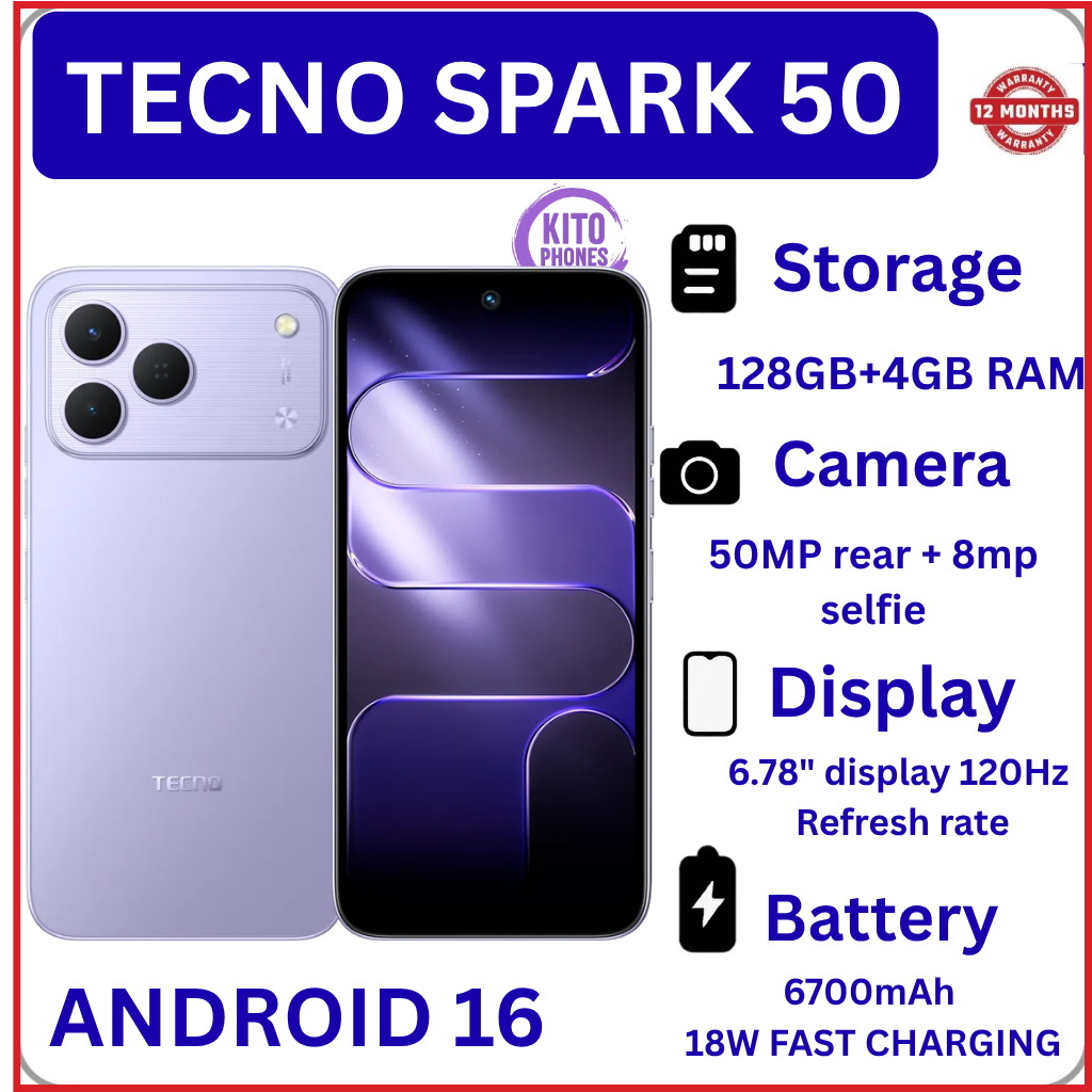 NEW ARRIVALS!! BRAND NEW Tecno Spark 50 128GB ROM+ 12GB (4+8)RAM 6.78" SCREEN 120Hz Refresh rate Camera 50MP Main Camera +8MP SELFIE 18W Super Charging 6700mAh battery Android 16 SMARTPHONE+FREE GIFTS