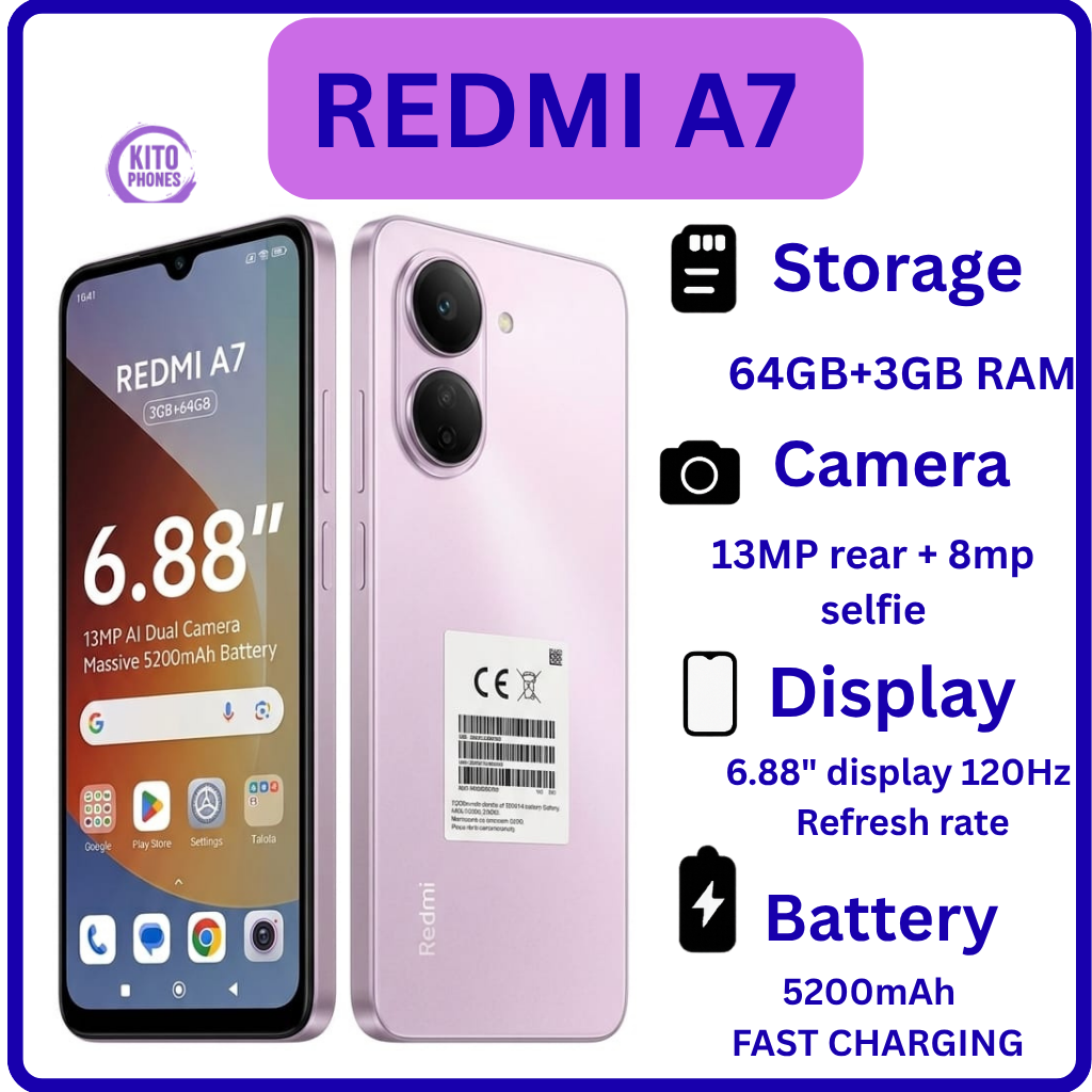 REDMI A7, 64GB ROM + 3GB RAM STORAGE, 6.88" SCREEN SIZE 13MP CAMERA +8MP SELFIE 5200mAh BATTERY 15W FAST CHARGING , ANDROID 15, IPS LCD, 120Hz, Unisoc T7250, SIDE MOUNTED FINGERPRINT SMARTPHONE
