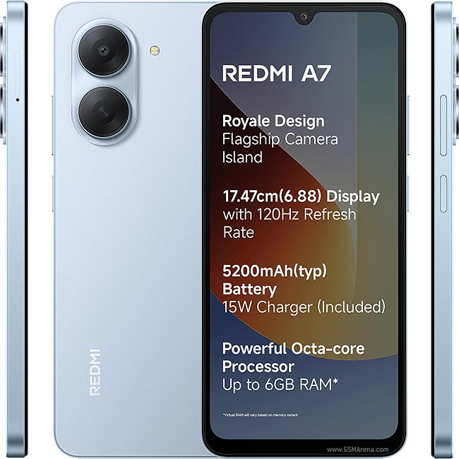 BRAND NEW XIAOMI REDMI A7, 64GB ROM + 3GB RAM STORAGE, 6.88" SCREEN SIZE 13MP CAMERA +8MP SELFIE 5200mAh BATTERY 1 , ANDROID 15, IPS LCD, 120Hz, Unisoc T7250, SIDE MOUNTED FINGERPRINT SMARTPHONES