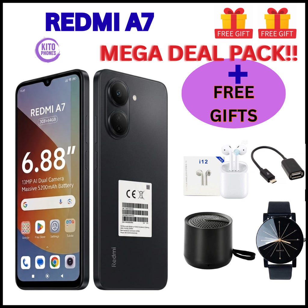 NEW ARRIVALS REDMI A7, 64GB ROM + 3GB RAM STORAGE, 6.88" SCREEN SIZE 13MP CAMERA +8MP SELFIE 5200mAh BATTERY 1 , ANDROID 15, IPS LCD,120Hz, Unisoc T7250,SIDE MOUNTED FINGERPRINT SMARTPHONE +FREE GIFTS