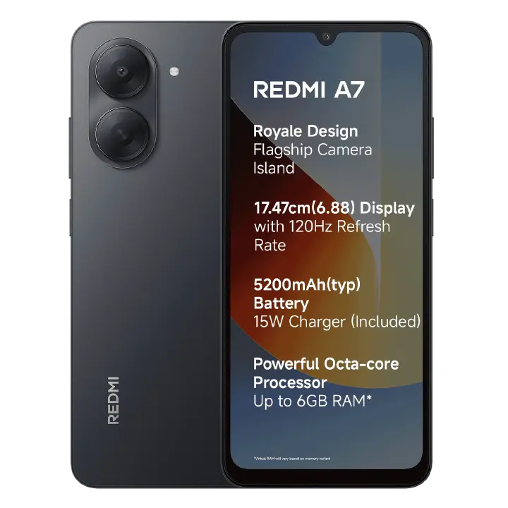 BRAND NEW XIAOMI REDMI A7, 64GB ROM + 3GB RAM STORAGE, 6.88" SCREEN SIZE 13MP CAMERA +8MP SELFIE 5200mAh BATTERY 1 , ANDROID 15, IPS LCD, 120Hz, Unisoc T7250, SIDE MOUNTED FINGERPRINT SMARTPHONES